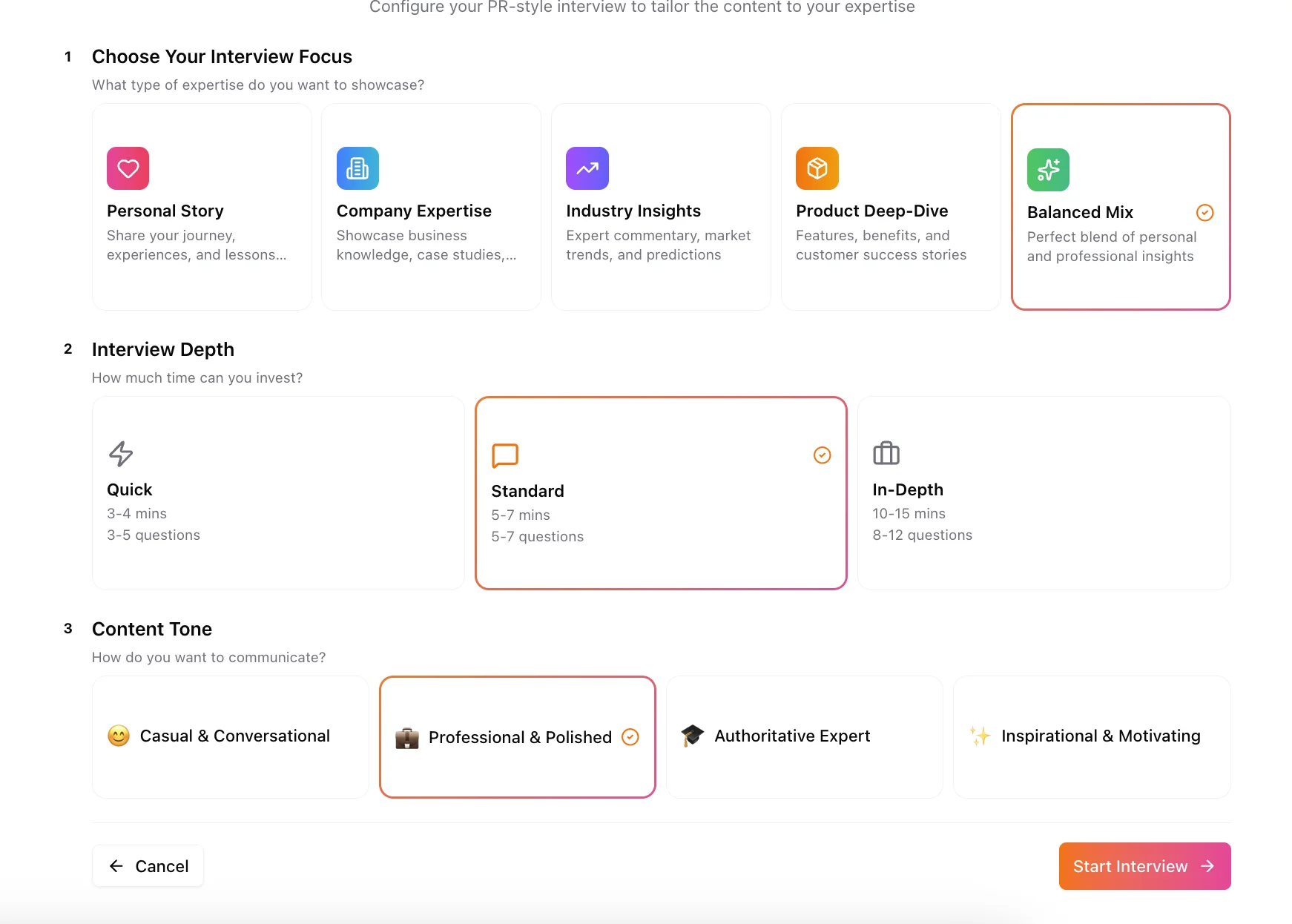 Configure your PR-style interview - Choose focus, depth, and tone